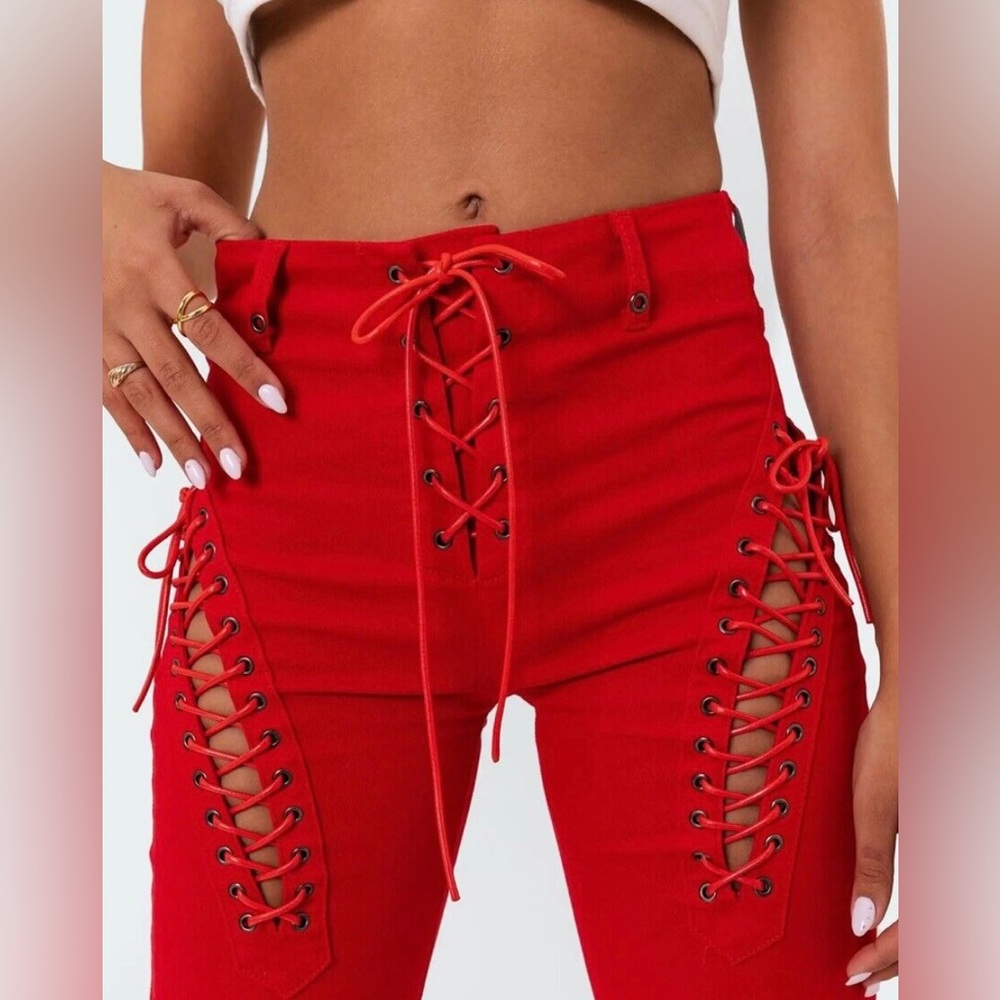 Edikted red flare pants, size small. Waist 25-27 inches, hip 35-36.5 inches